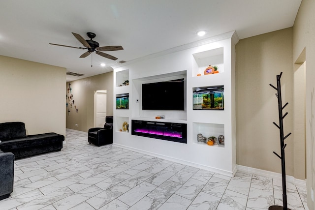 206 Willowbrook Ave, Tyler, TX 75702 - living area with light marble finish flooring, a ceiling fan, a glass covered fireplace, recessed lighting, and baseboards
