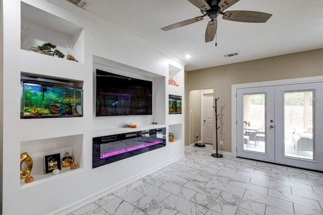 living room with ceiling fan, french doors, and ornamental molding