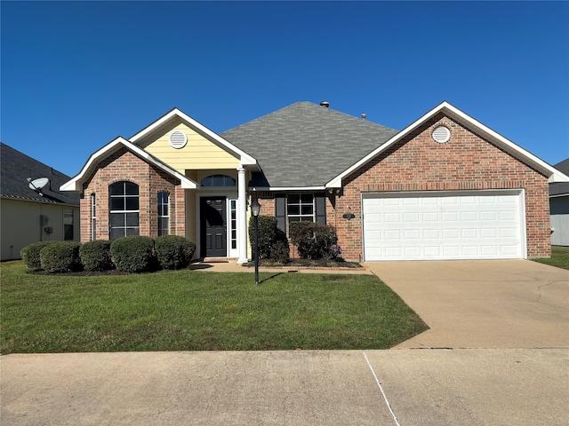 single story home with a front lawn and a garage