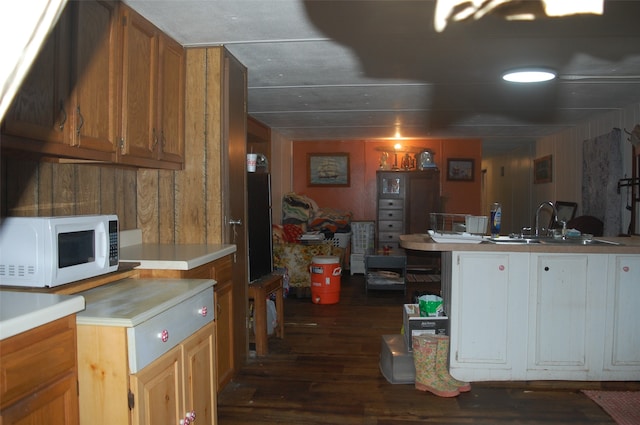 kitchen featuring wood walls, sink, and dark wood-type flooring