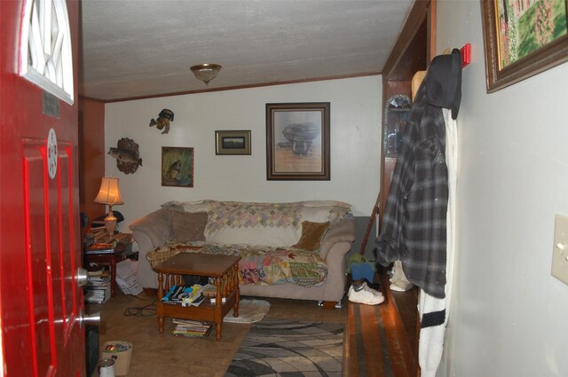 living room featuring hardwood / wood-style floors, lofted ceiling, a textured ceiling, and ornamental molding