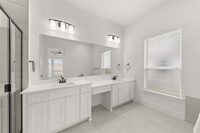 3100 Summer Rain Ln, Anna, TX 75409 - bathroom with double vanity, a shower stall, and ceiling fan