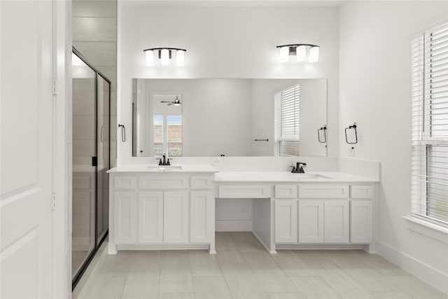 3100 Summer Rain Ln, Anna, TX 75409 - bathroom with double vanity, a shower stall, and ceiling fan