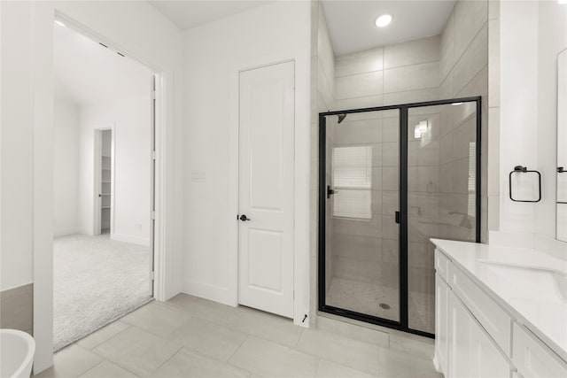 3100 Summer Rain Ln, Anna, TX 75409 - full bathroom featuring a shower stall, vanity, recessed lighting, and tile patterned floors