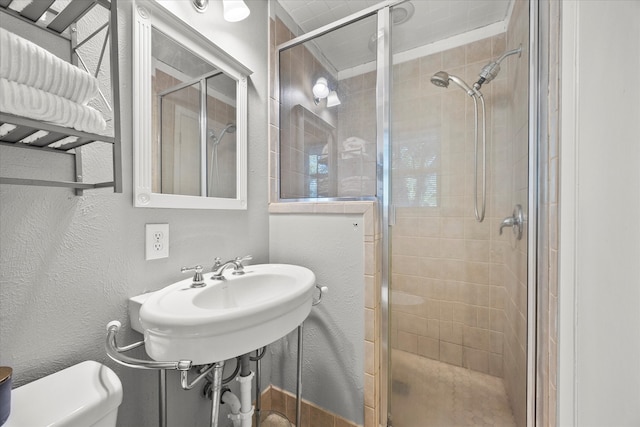 bathroom with sink, a shower with door, and toilet