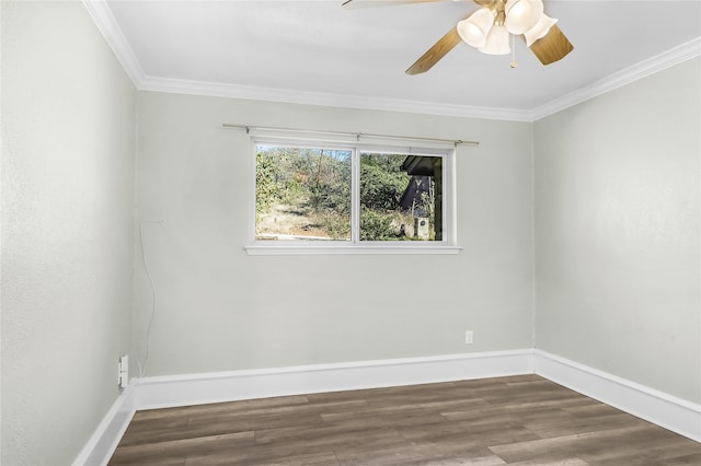 empty room featuring hardwood / wood-style flooring, ceiling fan, and ornamental molding