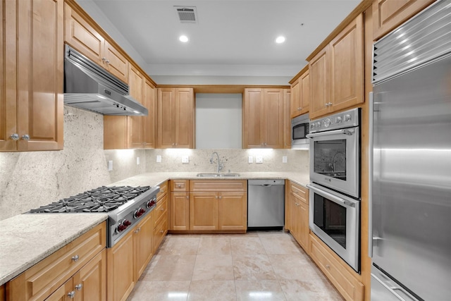 kitchen featuring decorative backsplash, sink, light stone countertops, and appliances with stainless steel finishes