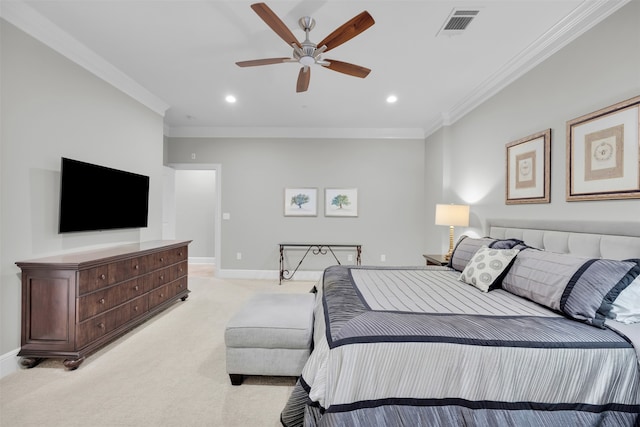 bedroom with light carpet, ceiling fan, and ornamental molding