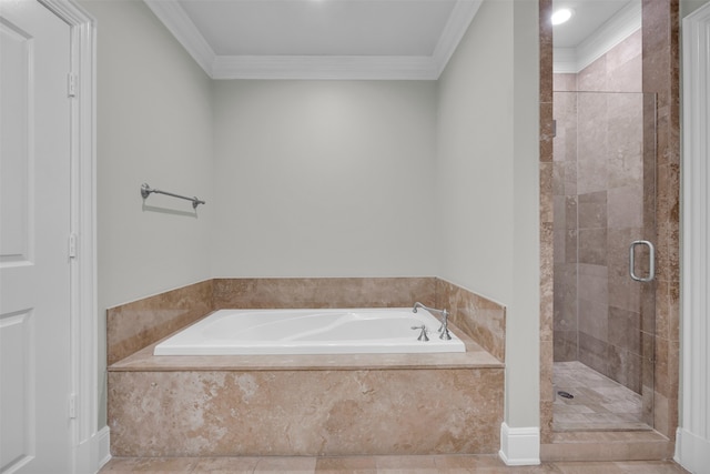 bathroom featuring crown molding, tile patterned flooring, and shower with separate bathtub