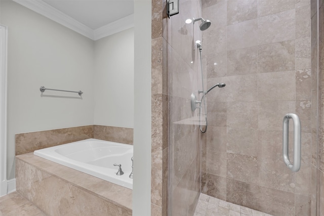 bathroom with independent shower and bath and crown molding