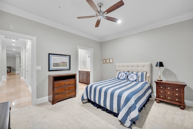 bedroom featuring connected bathroom, ceiling fan, crown molding, and light carpet