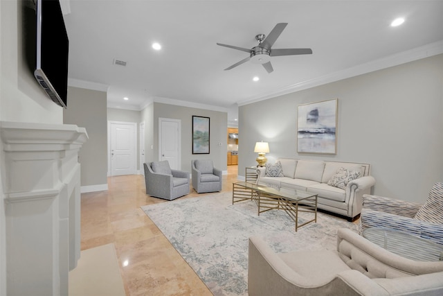 living room with crown molding and ceiling fan