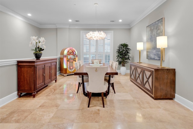 dining space featuring a notable chandelier and ornamental molding