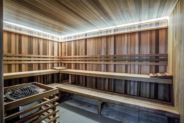 view of sauna / steam room with tile patterned floors