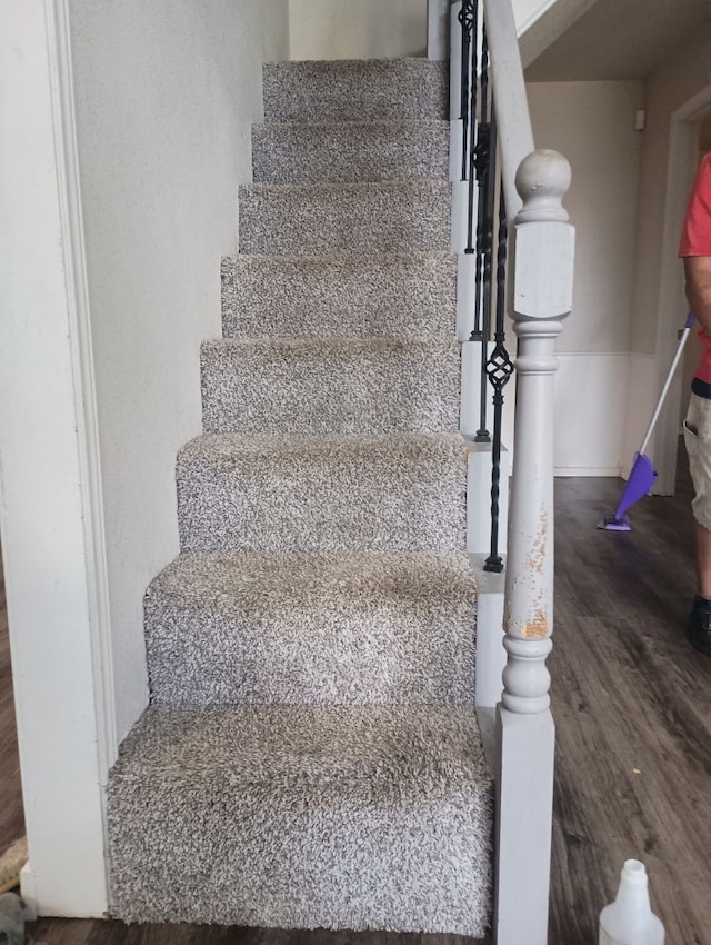 stairway with hardwood / wood-style floors