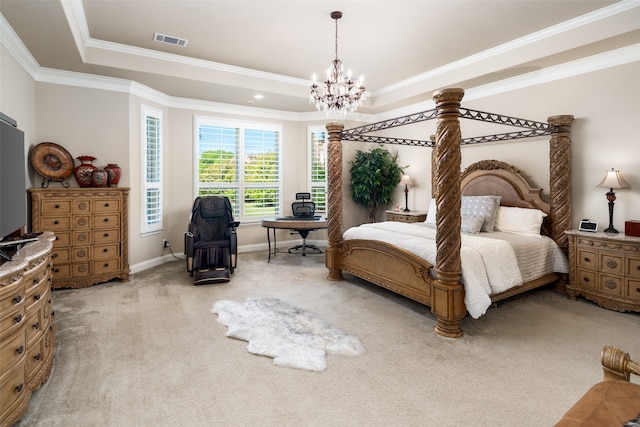 bedroom with an inviting chandelier, crown molding, a raised ceiling, and carpet