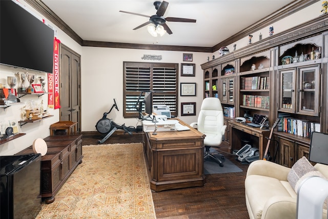 home office with crown molding, hardwood / wood-style floors, and ceiling fan