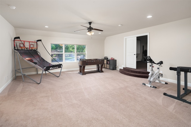 workout area with carpet floors and ceiling fan