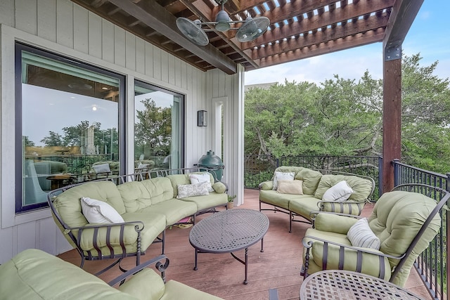 exterior space with a pergola, outdoor lounge area, ceiling fan, and a wooden deck