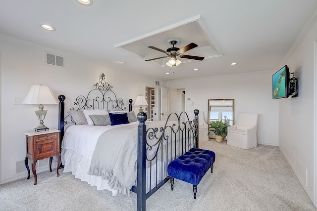 bedroom featuring ceiling fan, light colored carpet, and ornamental molding