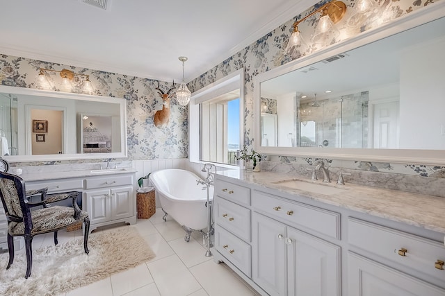 bathroom with tile patterned flooring, vanity, and independent shower and bath