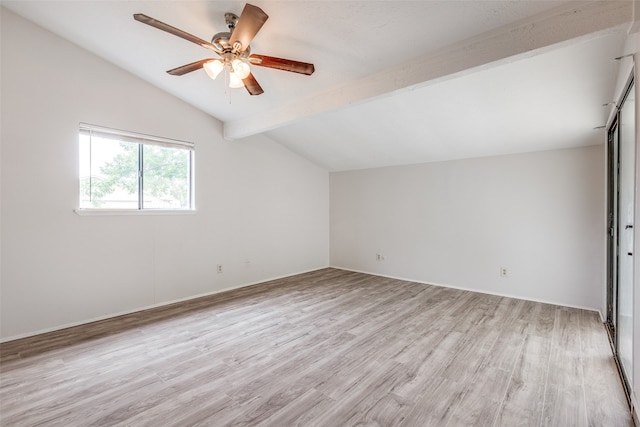 additional living space featuring lofted ceiling with beams, light hardwood / wood-style flooring, and ceiling fan