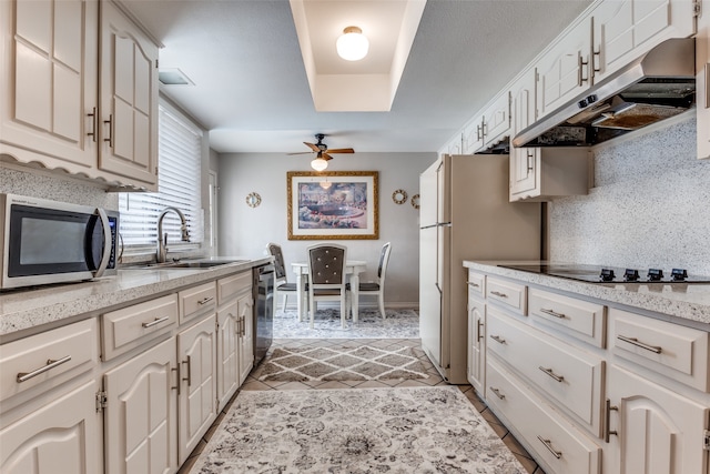 kitchen featuring white cabinetry, sink, ceiling fan, and stainless steel appliances