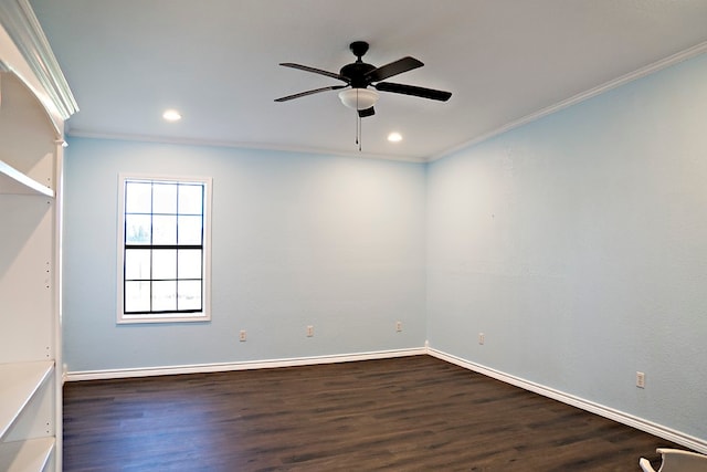 spare room with dark hardwood / wood-style floors, ceiling fan, and crown molding