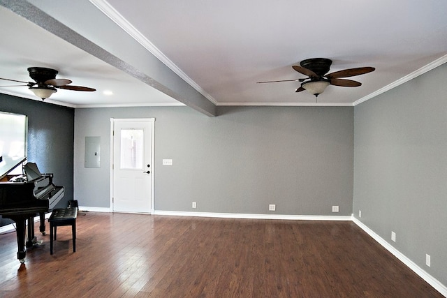 interior space with electric panel, crown molding, and dark hardwood / wood-style floors