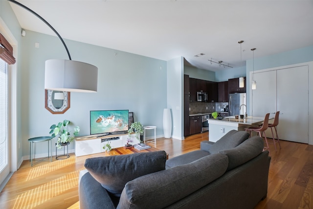 living room featuring rail lighting and light wood-type flooring