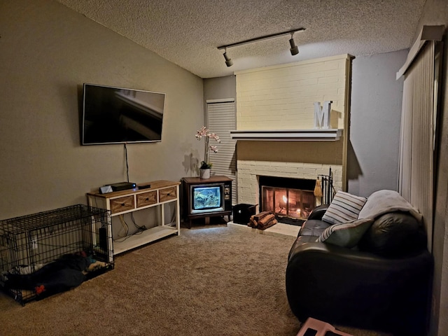 living room with carpet, a fireplace, rail lighting, and a textured ceiling