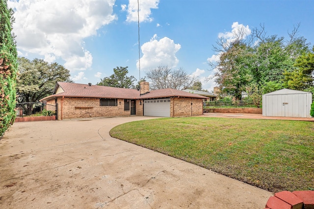 ranch-style house with a garage, a shed, and a front lawn