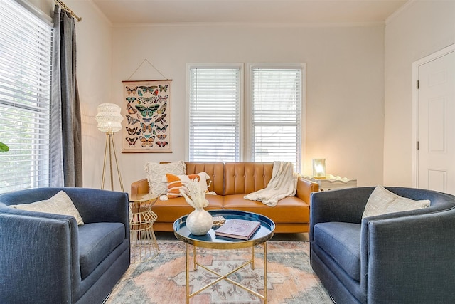 living room with hardwood / wood-style flooring and ornamental molding