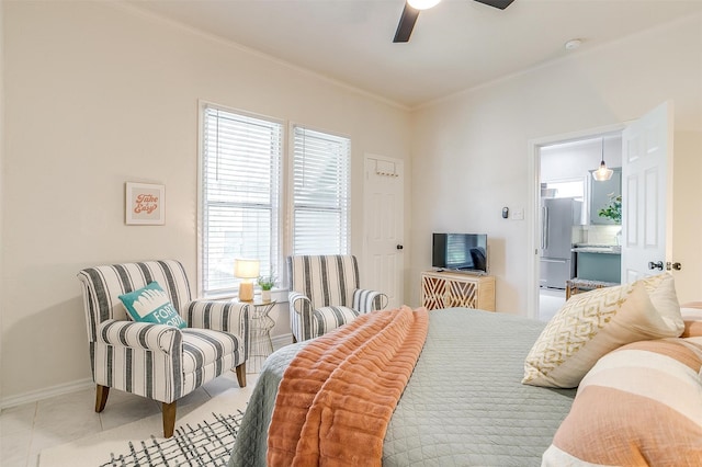 tiled bedroom featuring stainless steel refrigerator, ceiling fan, and ornamental molding