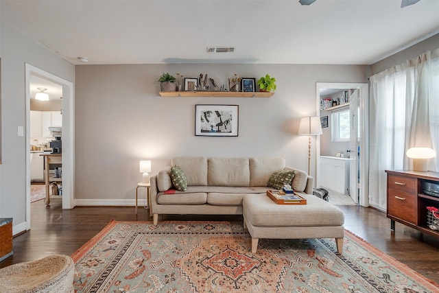 living room with dark hardwood / wood-style flooring