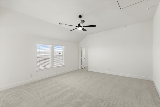 740 Wilderness Point Ln, Anna, TX 75409 - unfurnished room featuring attic access, light colored carpet, vaulted ceiling, a smoke detector, and a ceiling fan