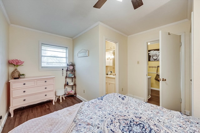 bedroom featuring connected bathroom, ceiling fan, dark hardwood / wood-style flooring, and ornamental molding