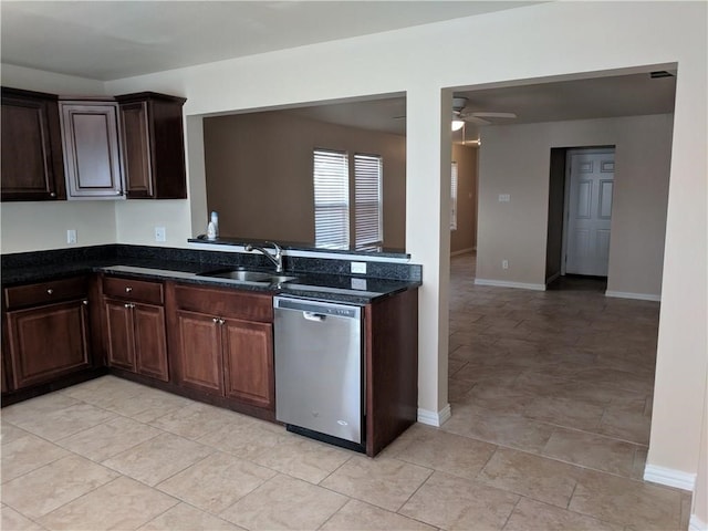 kitchen featuring ceiling fan, dishwasher, dark brown cabinets, and sink