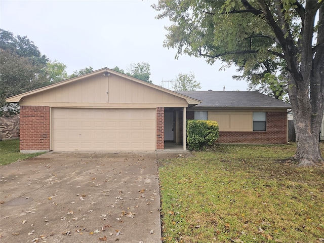 ranch-style house with a garage and a front yard