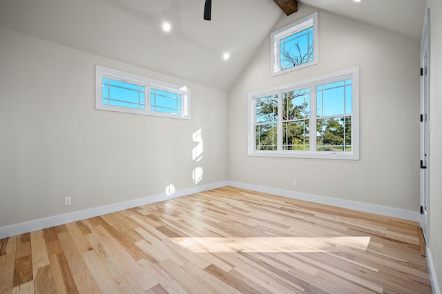 bonus room featuring beamed ceiling, light wood-type flooring, and high vaulted ceiling