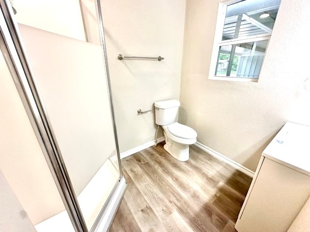 bathroom with toilet, an enclosed shower, wood-type flooring, and vanity