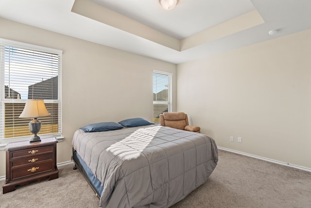 bedroom featuring a tray ceiling and light carpet