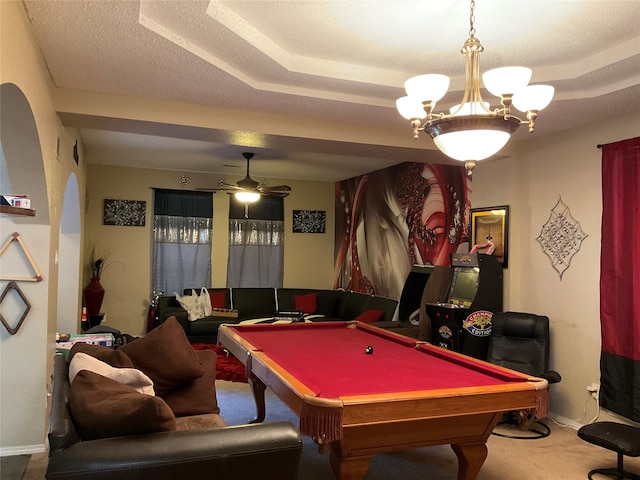 rec room with ceiling fan with notable chandelier, carpet floors, a textured ceiling, and pool table