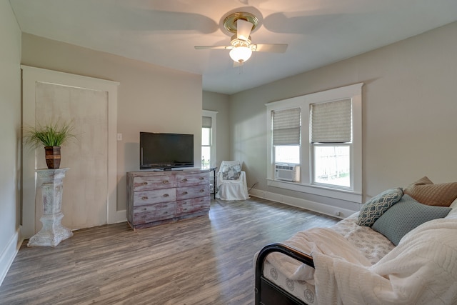 living room with ceiling fan and wood-type flooring