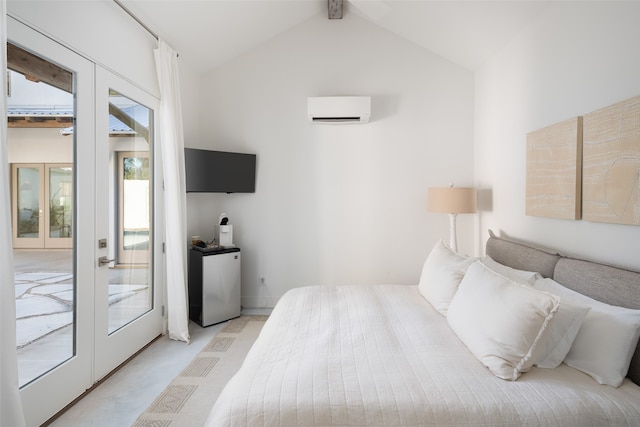 bedroom with access to exterior, french doors, vaulted ceiling with beams, a wall unit AC, and refrigerator