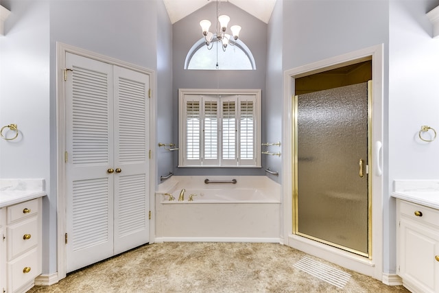 bathroom with a notable chandelier, vanity, high vaulted ceiling, and plus walk in shower