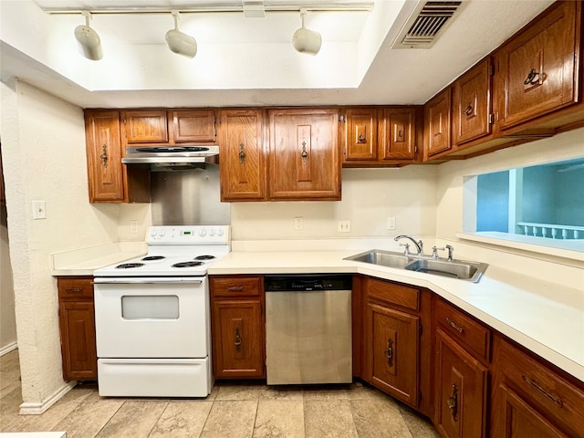 kitchen with white range with electric stovetop, sink, rail lighting, and stainless steel dishwasher