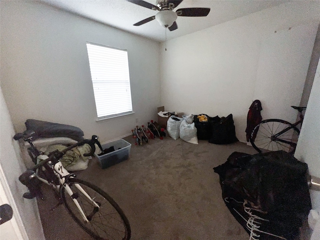 miscellaneous room with carpet flooring and ceiling fan