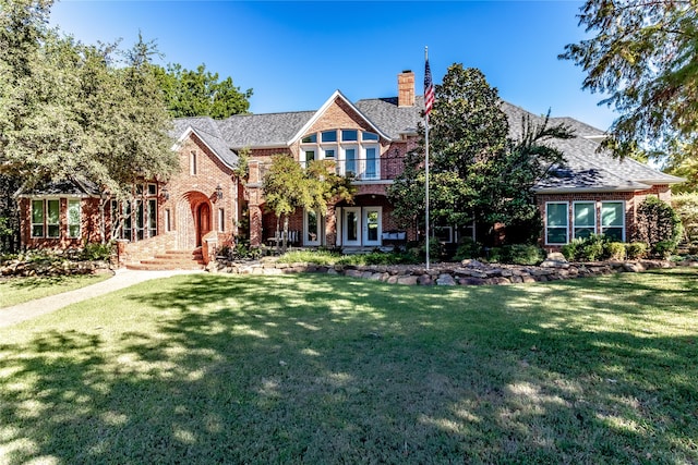 english style home with french doors and a front lawn