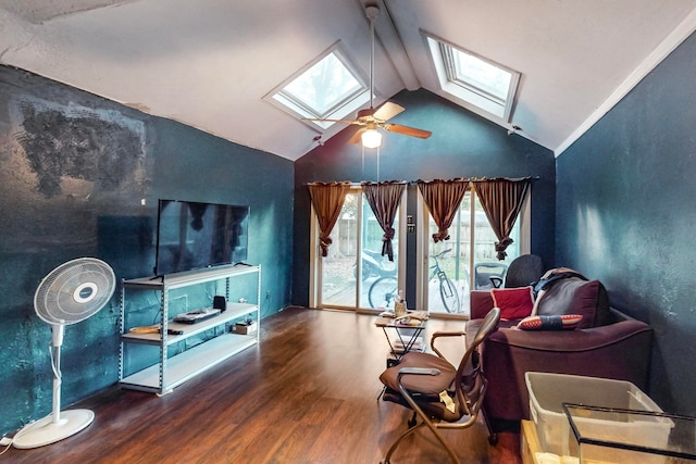 living room with hardwood / wood-style flooring, lofted ceiling with skylight, and ceiling fan